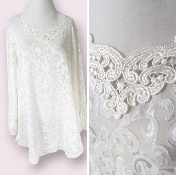 Vintage Sheer Tunic White Baroque Oversized Bell Sleeve Lace Trim Long Sleeve - Picture 1 of 10